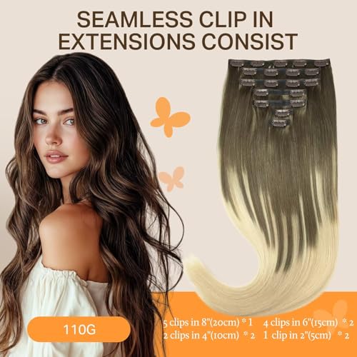 Image of DOORES Real Human Hair Extensions, Ash Brown to Platinum Blonde, 14 Inch 110g 7pcs, Seamless Clip in Straight Hair Invisi Edge Extensions