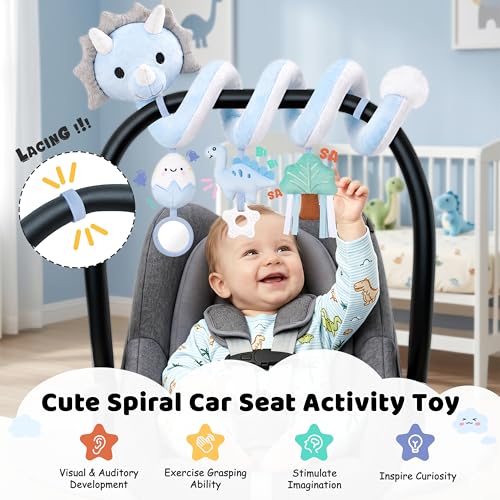 Image of Stuffed Dinosaur Spiral Car Seat Toys Hanging for Babies 0-3 3-6 6-12 Months, Plush Infant Stroller Toy with Silicone Teether, Crinkle and Squeaker, Soft Cute Shower Gifts for Newborn Boys Girls