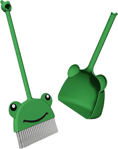 Juego de escoba y recogedor para niños, bonito patrón de rana de dibujos animados, escoba para niños, sin olor, para colgar, mango suave, lavable,