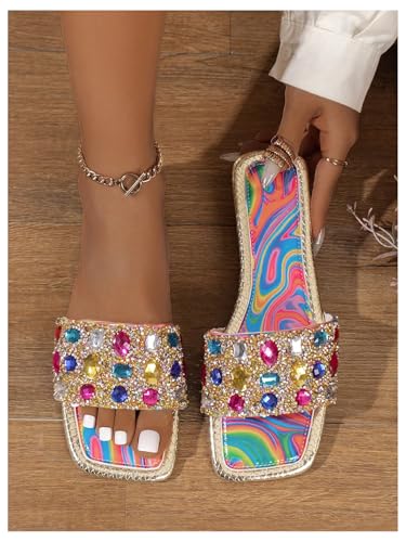 GORGLITTER Women's Rhinestone Marble Sandals Square Open Toe Glamorous Single Band Flats2