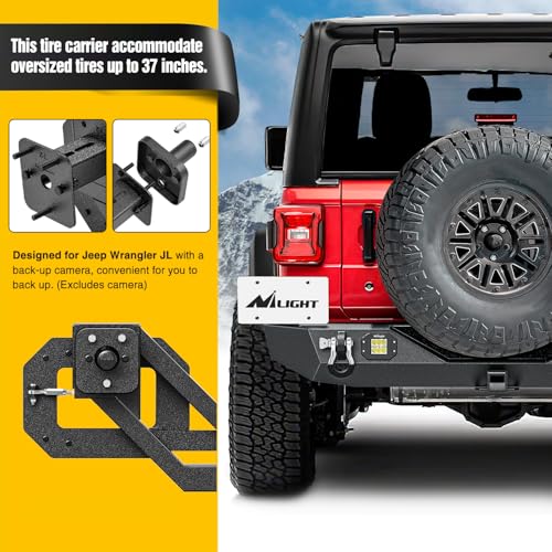 Image of Nilight Rear Bumper with Spare Tire Carrier for JL JLU Unlimited | For Wrangler JL JLU Unlimited(2 /4 Doors) 2018-2026 2 inch Hitch Receiver w License Plate Bracket 2 LED Lights D-rings