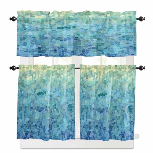 Turquoise Blue Teal Kitchen Curtains 36 Inch Length,3 Piece Rod Pocket Small Half Tiers and Valance Set,Chic Stained Glass Texture Aesthetic Small Large Window Treatment Decor for Bedroom/Bathroom