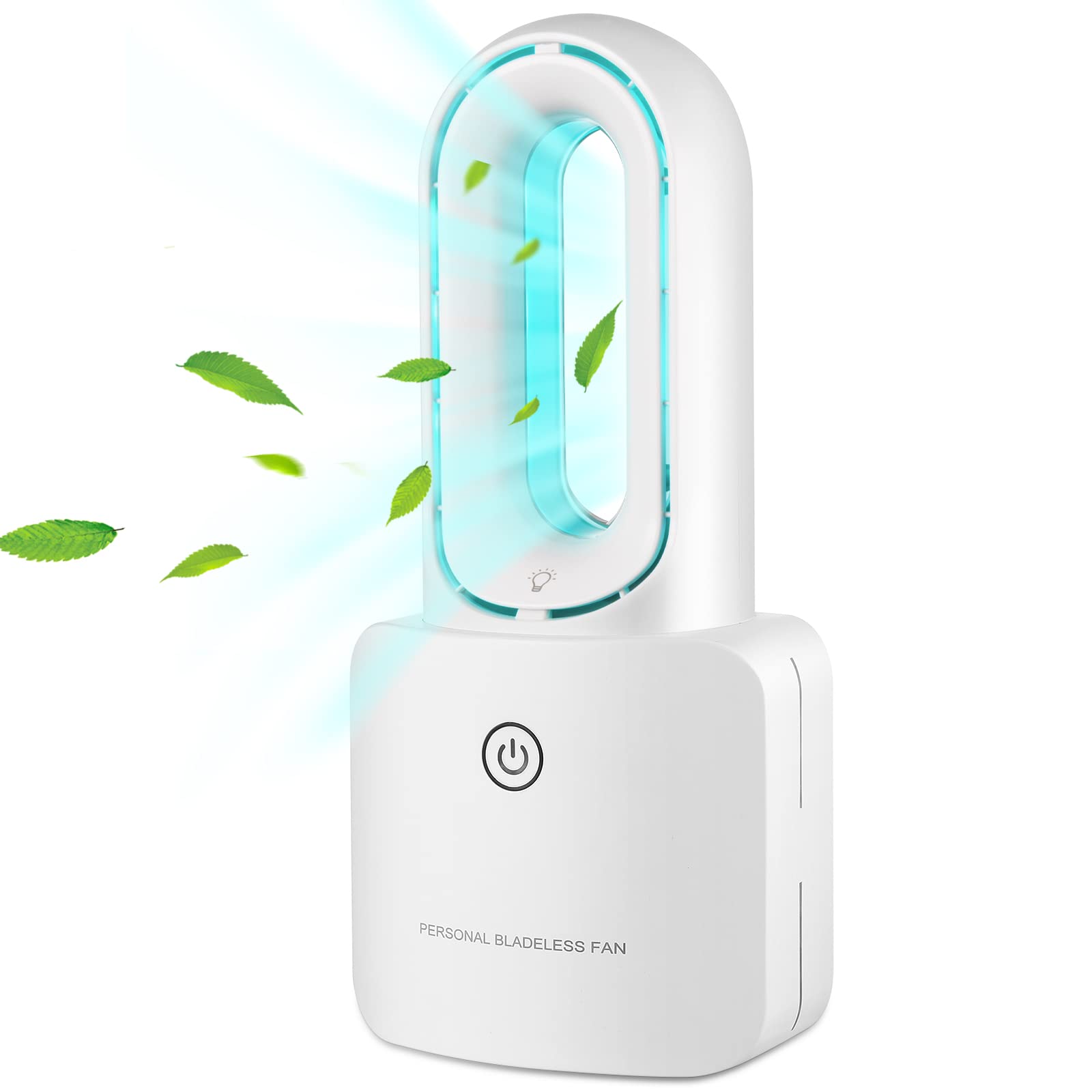 Bladeless Desk Fan Rechargeable, Small Bladeless Personal Fan Quiet Mini Table Fan, 12''Small Fan for Bedroom and Office, USB or 4000mAh Battery Operated, with Touch Control 6-Colors LED Light