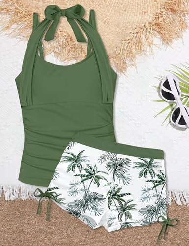 Image of Girls Swimsuit 2 Piece Halterneck Girls Tankini Swimsuit Drawstring Printed Swim Shorts Girl Bathing Suit for 7-18T