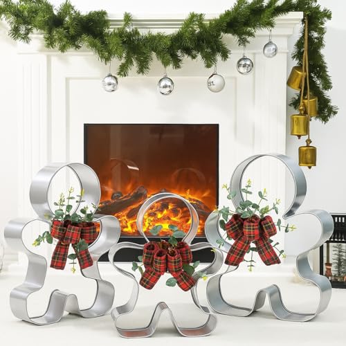 Tandefio Set of 3 Oversized Gingerbread Men Silver Gingerbread Men Cookie Cutter Figurines for Christmas Decorations Outdoor Day Holiday Party Supplies Stainless Steel, 19.29