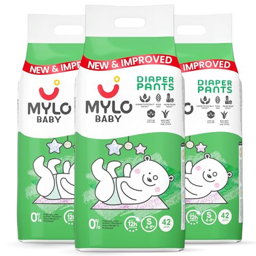 Image of Mylo Baby Diaper Pants Small (S) Size 4-8 kgs (126 count) Leak Proof | Lightweight | Rash Free | Upto 12 Hours Protection | ADL Technology | with Aloe Vera Lotion (42 Count, Pack of 3)