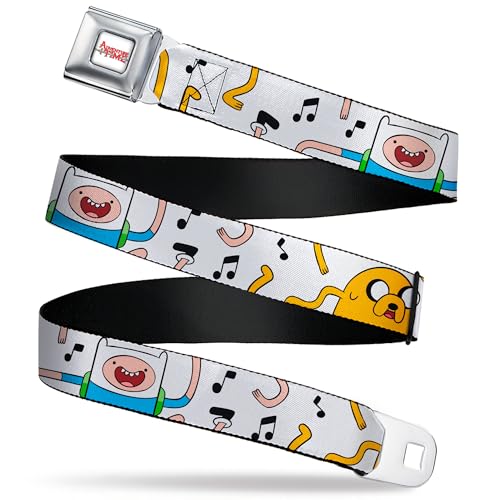 Adventure Time Belt, Seatbelt Buckle Belt, Adventure Time Finn and Jake Dancing and Music Notes White, Adjustable, White, 3.81 cm Wide