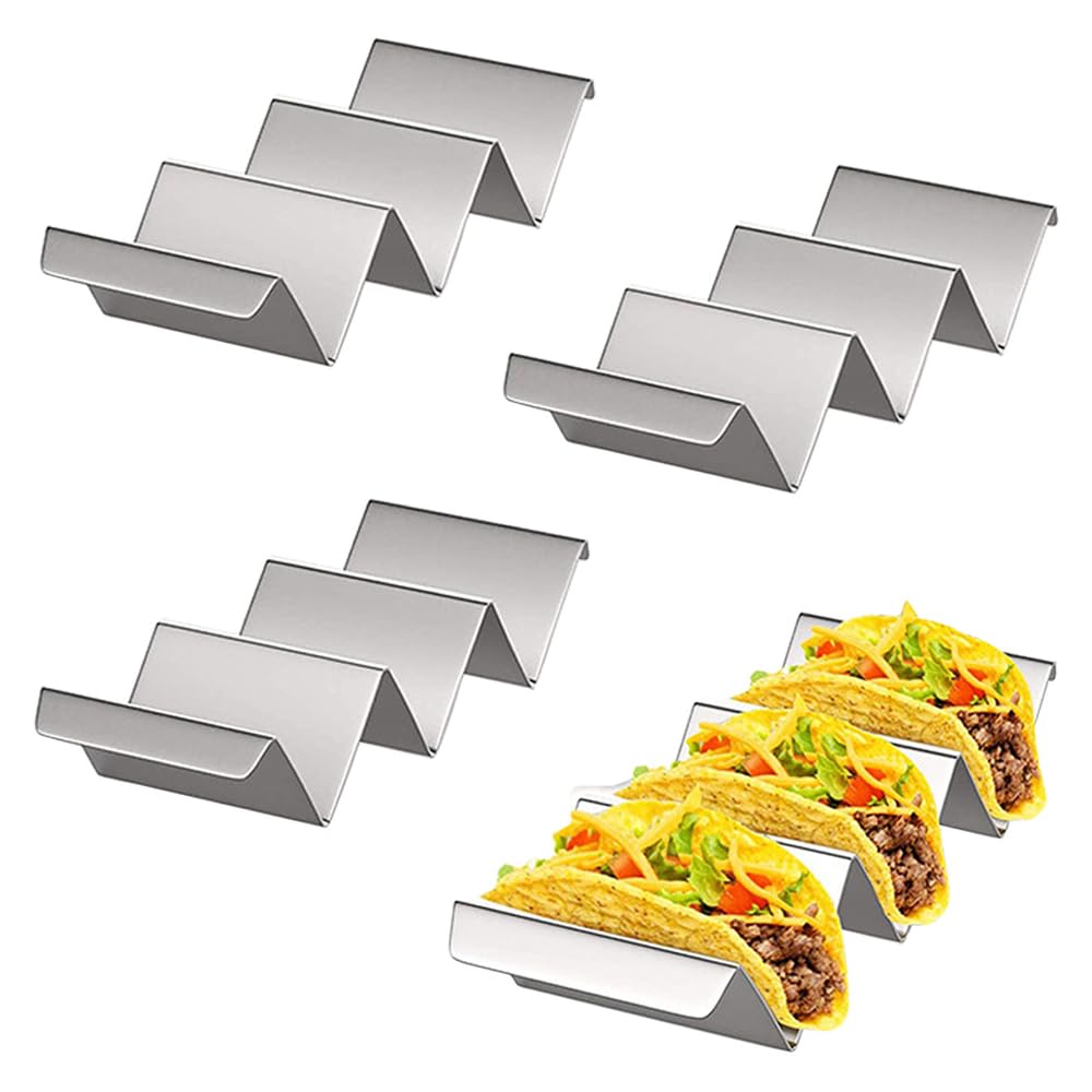 Taco Holders Set of 4, Taco Stand Trays, Stainless Steel Taco Holder, with Easy-Access Handle, Each Can Hold 2 To 3 Tortillas, Oven, Grill & Dishwasher Safe 22x10x5cm