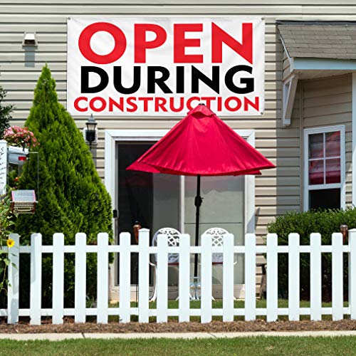 Vinyl Banner Multiple Sizes Open During Construction A Business Outdoor Weatherproof Industrial Yard Signs White 8 Grommets 48x96Inches