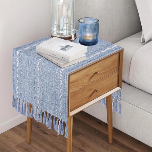 Dusty Blue Table Runner Short 15.7 x 36 inch, Blue and White Coffee Table Cover, Boho Summer Coastal Small Table Cloth, Dresser Runner Scarf for Nightstand, End Table, Rustic Farmhouse Spring Decor - Image 8