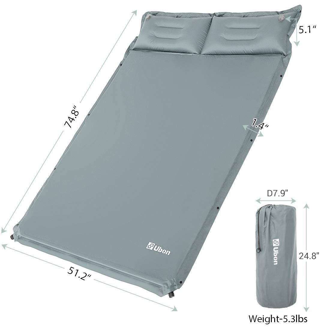 Ubon Materassino Gonfiabile Doppio Autogonfiabile Materasso Gonfiabile con Cuscini Comodo Dormire ad Aria 2 Personi Ergonomico Imbottito in Spugna da 3,6 CM Lettino Campeggio Portatile e Leggero