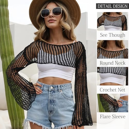 Mesh Crochet Shrug, Y2k Hollow Out Crochet Tops for Women, See Through Long Sleeve Bolero Shrug Sweater Bikini Cover Ups(L)3