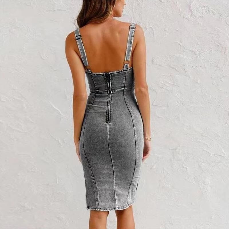 utcoco Denim Dress for Women Sleeveless Side Slit Bodycon Midi Jean Dresses for Women 2025 - Image 3