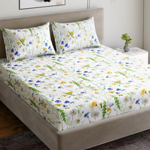 Image of Dreamscape 100% Cotton Bedsheet for Double Bed, 186 TC, 1 Bed Sheet (Size 87 x 94 inches) with 2 Pillow Covers - Blue
