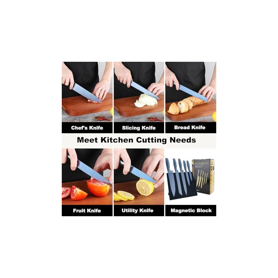 Kitchen Knife Set, 6-Pieces Blue Titanium Coated Knife Block Set with Wood Magnetic Knife Block, Non-stick & Non-slip Stainless Steel Sharp Chef Knife Set, Knives Set for Home Kitchen (Blue)