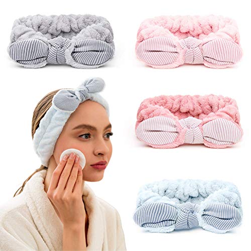 Cozy Headbands Spa Headband for Washing Face Headbands For Women Hair Wash Headband Makeup Shower Spa Skincare Facial Face Wash Cute Terry Cloth Bowtie Microfiber Hairband Holder Towel Wrap - 4 Pack