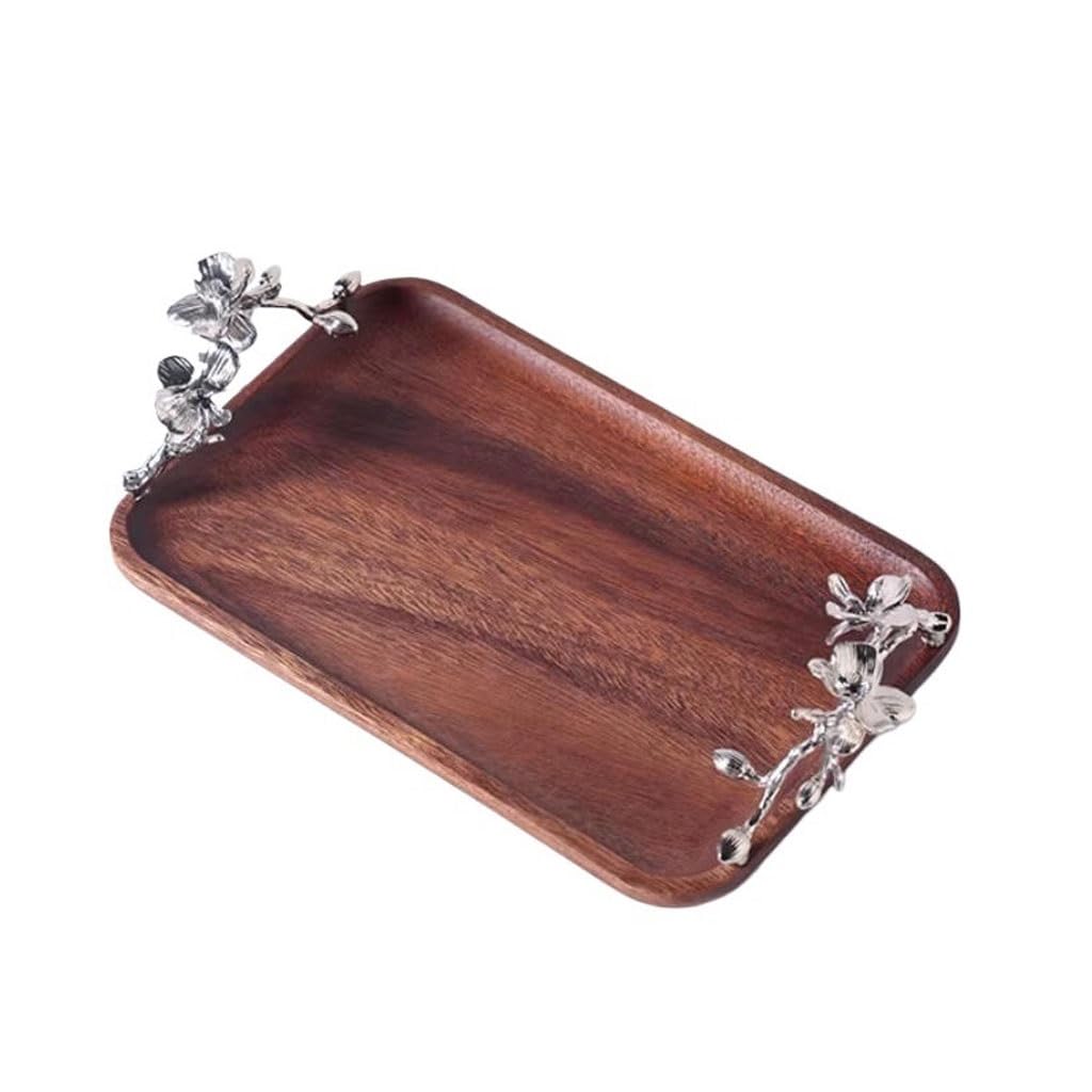 Tray Decor Home Living Room Handmade Silver Flower Rectangular Solid Wood Jewelry Aromatherapy Tray Food Tray