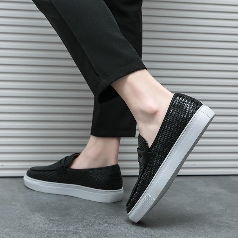 Men's Leather Woven Casual Dress Loafers Fashion Round Toe Lightweight Non-Slip Slip-On Penny Loafers for Driving Parties Office 6