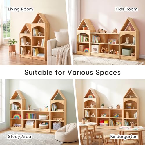 Image of OOOK Rubberwood Montessori Shelf, 4-Tier Toy Organizers and Storage, Wood Corner Cabinet for Kids Room, Playroom, Nursery, Classroom, Kindergarten