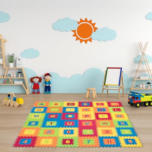 Image of Amazon Brand - Supples Pop Out Interlocking Playmat | Baby Puzzle Mat | Alphabets & Numbers Floor Mat | Multicolour |EVA Foam | Safe & Soft