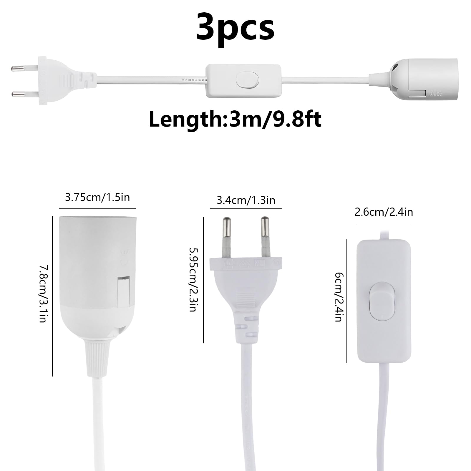 Portalampada E27 con Interruttore a Filo Cavo e Presa 3 Pezzi Bianco | 3m Elettrica Lampadario Sospensione Compatibile con Lampadine E27 (Lampadina non Inclusa)