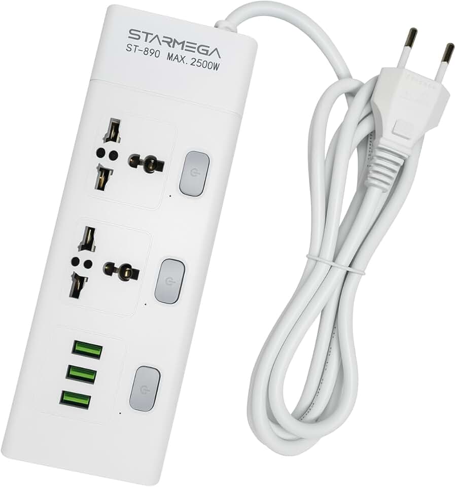 Extensão Tomada, Régua Tomada, Régua de Energia, 2 tomadas universais, 3 Interfaces USB, Cabo de Alimentação de 1 metro, Suporte a Tensão de 110-220V, Potência de 2500W, Branca