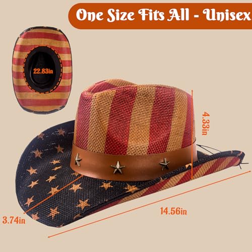 Image of Evankin American Flag Hat, USA Western Cowboy Hat on July 4th | American Flag Hat, 4th of July Patriotic Hat,USA Western Cowboy Hat, Straw Weaving Star,Summer Sunhat for Men and Women