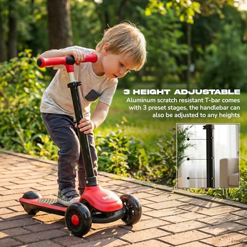 Image of Baybee Zyro Kick Scooter for Kids | 3 Wheel Kids Scooter with 3 Height Adjustable & LED Lights | Skate Scooters with Music & Foot Brake | Indoor Outdoor Toddler Scooters for 2 to 10 Years (Red)