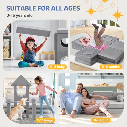 22Pcs Modular Kids Play Couch, 1000+DIY Creativing Playroom Furniture for Kids, Toddler Couch, Convertible Foam and Floor Cushion for Boys and Girls,Dark Grey