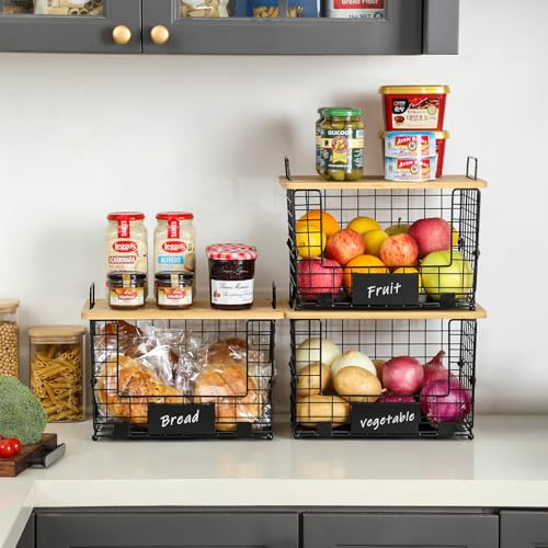 2 Set XXL Stackable Wire Basket with Bamboo Tops & Tag- Pantry Organizer and Storage Bins, Kitchen Counter Cabinet Shelf Countertop Under Sink Organizing, Food Snack Produce Onion Potato Bread Storage - Image 3