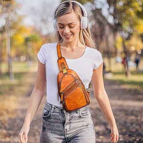 Image of NIUCUNZH Genuine Leather Sling Bag Front Metal-Latch Crossbody Bags Handmade Vintage Chest Shoulder Backpack for Women Men