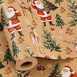 Yarcony Kraft Christmas Wrapping Paper, Santa Claus Wrapping Paper, Vintage Forest Christmas Tree, Santa, Deer & Mushroom Themed Gift Wrap for Winter Holiday Packaging (Mini Roll, 17 Inch X 33 Feet)