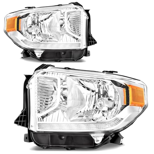 AUTOSAVER88 LED DRL Headlight Assembly Compatible with 2014-2021 Toyota Tundra Headlamp for 2014 2015 2016 2017 2018 2019 2000 2021 Tundra Headlights Chrome Housing Amber Reflector Pair