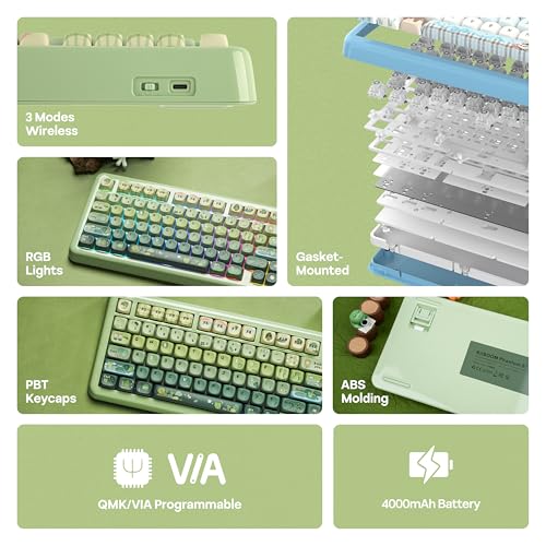 Image of KiiBoom Phantom81 Lite 75% Gasket Mechanical Keyboard, QMK&VIA Programmable, 3 Modes Wireless Gaming Keyboard, RGB Backlights, ABS Case + UV Tech, Hot-Swappable for Windows /Mac /Linux (Green)