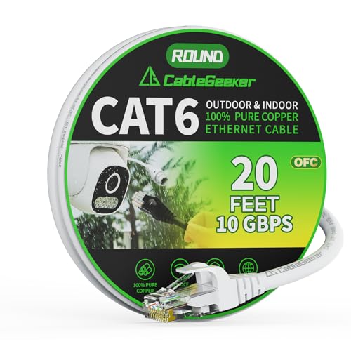 Cat 6 Ethernet Cable 20 ft, Indoor&Outdoor, High Speed 10Gbps 24AWG Pure Copper Internet Network Cable, Pure Copper Ethernet Patch Cable Short, PoE Computer LAN Cable for Router, Modem, PS5/4, White