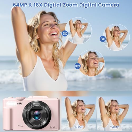 Image of 4K Digital Camera for Photography, 64MP HD WiFi Vlogging Camera for YouTube with 3 inch 180Flip Screen, 18X Digital Zoom,Autofocus Compact Camera with Flash,32GB TF Card & 2 Batteries(Pink)