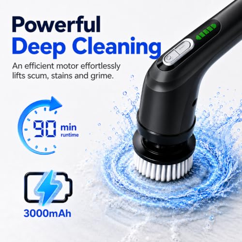 Image of Highyes Electric Spin Scrubber for Bathroom, IPX7 Waterproof Shower Scrubber with Extendable Long Handle, Bathroom Cleaning Scrubber with 7 Reusable Brush Heads (Black)
