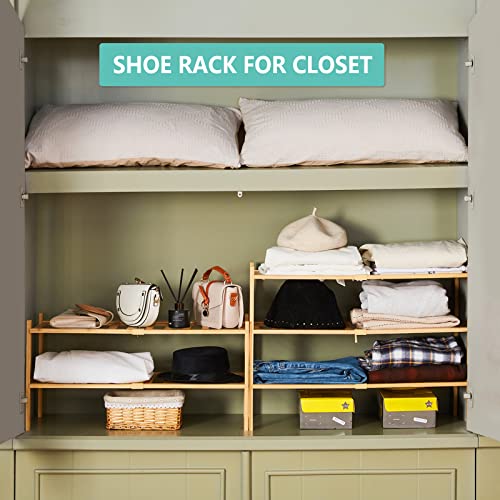 Image of Shoe Rack Organizer for Closet Entryway, 5 Tier Bamboo Shoe Shelf, Small & Stackable Shoe Rack, 2 Tier + 3 Tier Shoe Rack, Tall Shoe Storage, D11 * W27.2 * H32.7 Inches, Natural