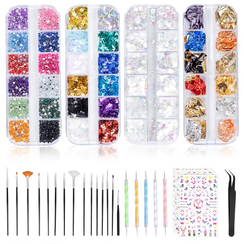 Kiperline 10000 pezzi kit per unghie con strass, 15 pezzi pennelli per nail art, 5 pezzi Dotting Pens Dotting Tool Nail Art, 5 pezzi adesivi per nail art, 4 scatole di strass colorati