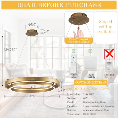 Image of LED 2 Ring Brass Gold Chandelier Dimmable Up Down Light