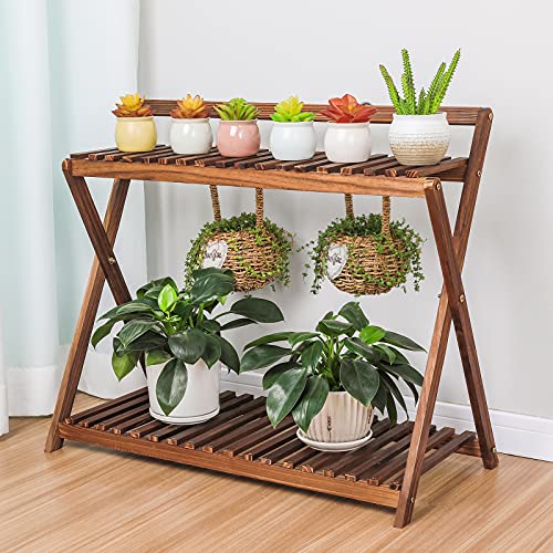 Tovacu Indoor Plant Stand For Multiple Plants 2 Tier Wood Corner Plant Shelf Rack With Planter Hanger Outdoor Flower Pot Stand Holder For Yard Patio Garden Balcony Porch Living Room ( Rustic X-Cross) #TOP5