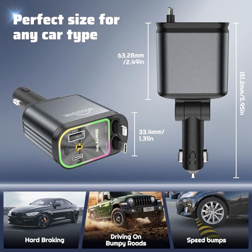 WHATOOK Retractable Car Charger Adapter: 4 in 1 Cigarette Lighter with Starry Sky LED,66W Fast USB C Mobile Phone Automobile Charger, Ford Fiesta Car Accessories Gadgets Gifts for Men Women Christmas - Image 6