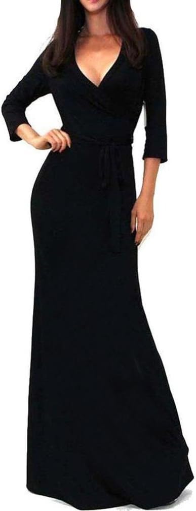 OVERMAL Women's Solid V-Neck 3/4 Sleeve Wrap Waist Long Maxi Dress (X-Large, Black)