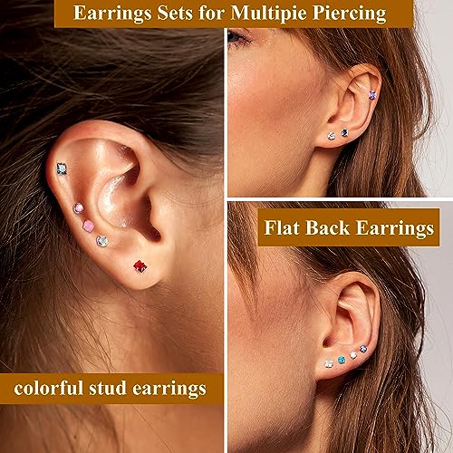 LOYALLOOK 28Pcs Hypoallergenic Stud Earrings Set for Women Men 316L Stainless Steel Cartilage Flat Back Stud Earrings CZ Opal Screwback Earrings Studs Piercing Jewelry Multicolored 20G2