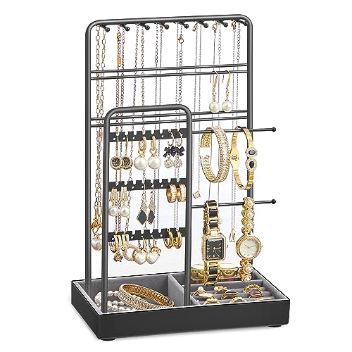 SONGMICS Soporte para Joyas, Organizador de Joyas, Expositor de Joyas, Marco de Metal, Bandeja de Terciopelo, para Collares, Pulseras, Pendientes, Tachuelas, Anillos, Idea de Regalo, Negro JJS021B01