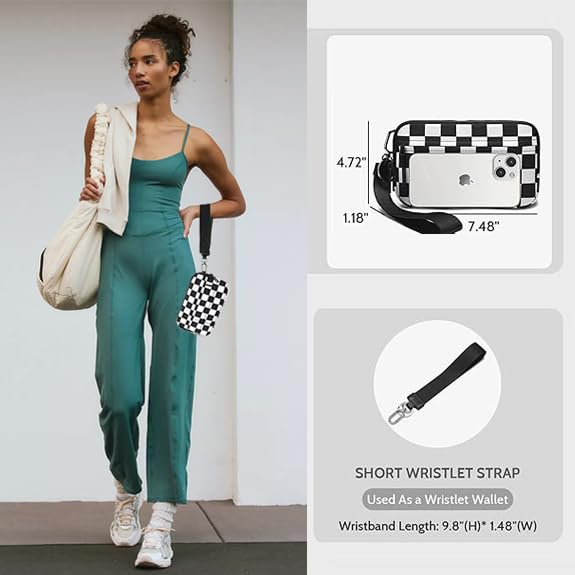 Wristlet Wallets for Women- Nylon Checkered Wristlet with 4 Zippers, Crossbody RFID Wrist Purse Carry All Wallets2