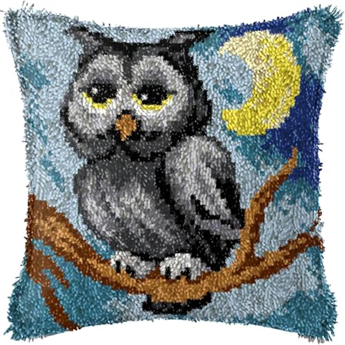 Image of ZFFLYH Owl Latch Hook Pillow Kits for Adults Beginners Pre-Printed Cushion | Home Sofa Cushion Cover Preprinted Canvas Crochet Yarn Kits Needlework Crafts Festival Gift for Adults Beginner 17X17 Inch