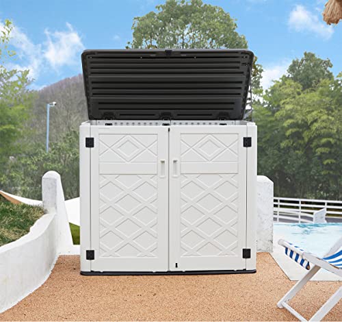 Image of Mrosaa Resin Outdoor Storage Shed, 38 cu.ft Outdoor Storage Box Waterproof for Garden Tools, Patio Furniture, Trash Cans, Garage Storage, Customized Shelves & Lockable (Off White)