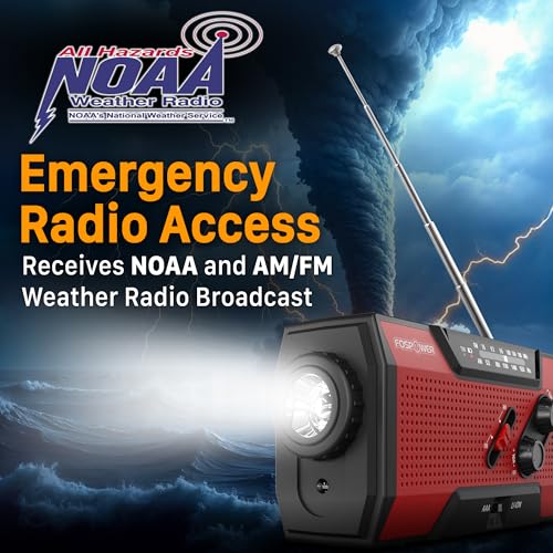Image of FosPower NOAA Emergency Weather Radio A1 7400mWh Portable Power Bank, AM /FM, USB /Solar /Hand Crank Charging, Battery Operated, SOS Alarm & Flashlight for Indoor /Outdoor Emergency - Red