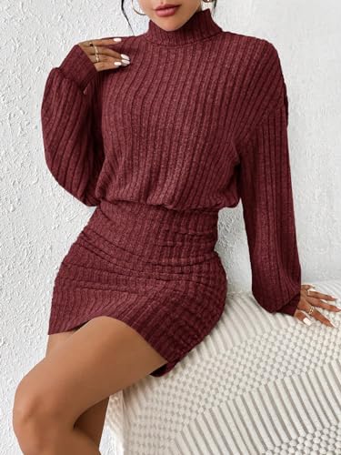 Image of Women's Pullover Sweater Dress Long Lantern Sleeve Turtle Neck Cute Ribbed Knit Bodycon Mini Short Dress 2024 Fall-Red-M